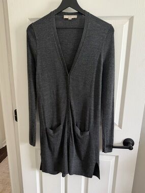LOFT Dark Charcoal Long V-Neck Button Cardigan